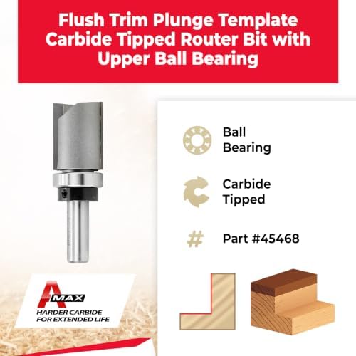 Amana Tool 45468 Carbide Tipped Flush Trim Plunge Template Router Bit 1-1/8 Dia x 1-1/2 x 1/2 Inch Shank with Upper Ball Bearing