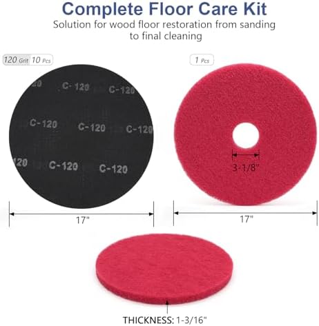 HUAALIUCHE 17" Sanding Screen Discs - Mesh Floor Sanding Screen - 120 Grit Black Silicon Carbide - for Wood Floors (10 Pack)+1-Piece Buffer Floor Pad