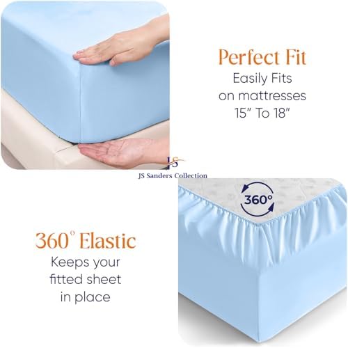 JS Sanders Collection 600TC Flex Top Queen Sheets for Sleep Number Bed - 100% Cotton 4 Pcs Top Split Queen Sheets for Adjustable Bed Queen 32 Inch Down Light Blue -18 Inch Deep