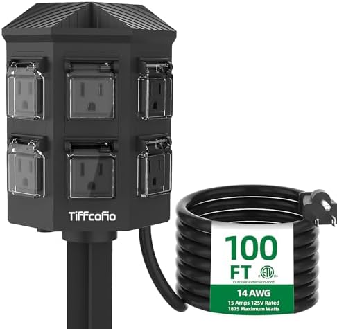 Outdoor Power Strip Weatherproof, 100 FT Extension Cord with Power Stake, 6 Grounded Outlets for Outdoor Lights, 15A/1875W, ETL Listed