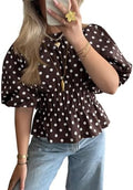 Cicy Bell Women Polka Dot Peplum Blouse Round Neck Puff Sleeve Summer Top