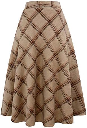 IDEALSANXUN Womens Plaid Wool Skirts Elastic Waist A-Line Pleated Tartan Long Skirts