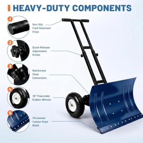 GarveeLife Wheeled Snow Shovel - 29in Steel Blade, 10in Wheels Blue/Black