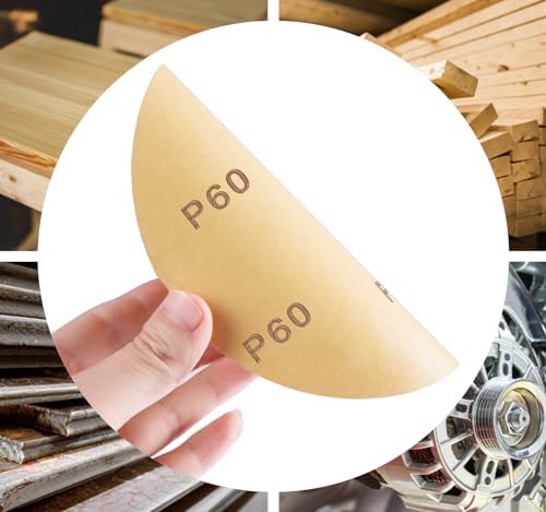 CowboyBOB 100 PCS 6 Inch Gold PSA Sanding Discs 60 Grit Self Adhesive Sticky-Back Sandpaper for DA Sander Finishing Abrasive Sand Paper Woodworking Wood Metal Sanding Disc Roll
