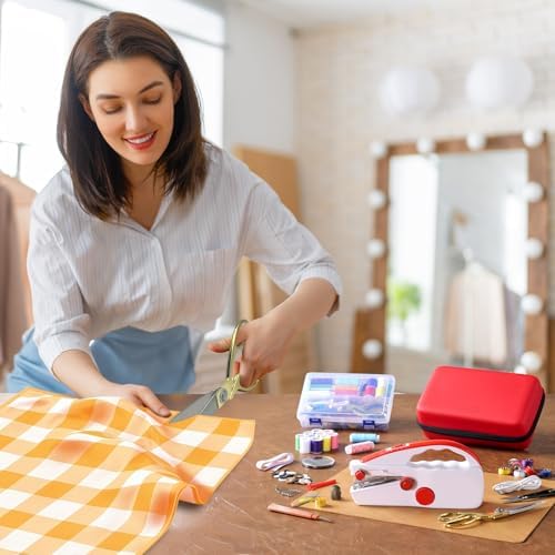 Handheld Sewing Machine Heavy Duty, with Red Leather Storage Case and 110-Piece Sewing Kit, Mini Portable, Ideal for Adults & Beginners, Complete Set of Quick Home Clothing Repair Tools, Good Gift
