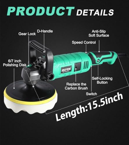 ZOTA Buffer Polisher, 1600W 7 Inch/6 Inch Pure Copper Motor Car Buffers and Polishers Kit, 7 Variable Speeds 1000-3500 RPM Car Polishers and Buffers, Ultra-long Cord for Car Boat Polishing Waxing.