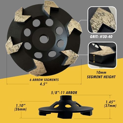4.5" Diamond Grinding Wheel 6 Arrow Seg for Concrete & Coating 5/8"-11