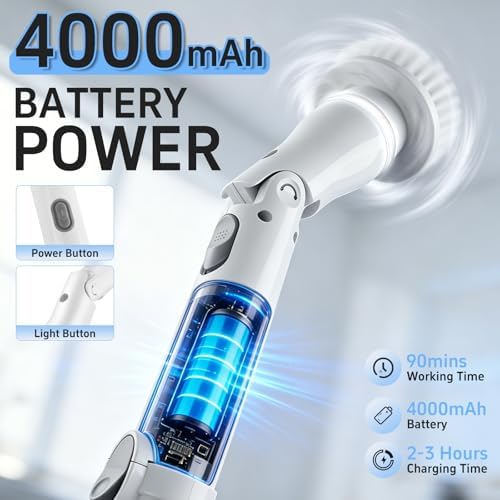 Electric Spin Scrubber, 8 in 1 LED Electric Scrubber for Cleaning, 90 Mins Long Runtime IPX6 Waterproof & 52" Extendable Handle for Deep Clean Bathroom Grout, Tile and Kitchen