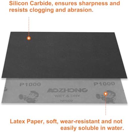 HARFINGTON 50pcs Sandpaper 1000 Grit 9 x 11 Inch Waterproof Backing Silicon Carbide Abrasive Wet Dry Sanding Sheets for Wood Finishing, Metal Sanding, Automotive Polishing