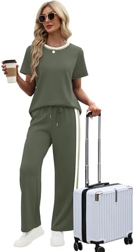 WIHOLL 2 Piece Lounge Sets for Women Matching Set Summer Outfits Short Sleeve Tops Wide Leg Pants with Pockets