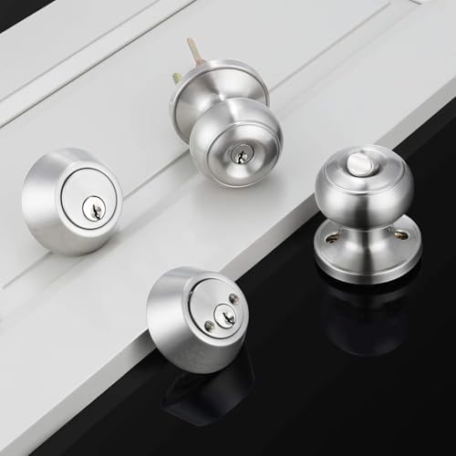 4 Pack Keyed Alike Entry Door Knob and Deadbolt Set, Satin Nickel Double Cylinder Deadbolt Lock Set, Round Style Door Knobs Deadbolt for Exterior/Front Door