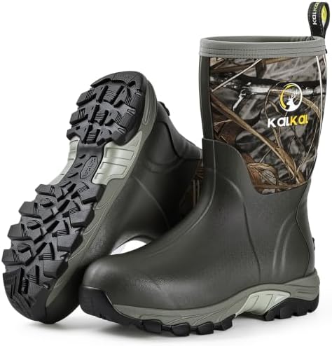 Kalkal Rubber Boots for Men, Waterproof Insulated Mid Calf Mens Rain Boots
