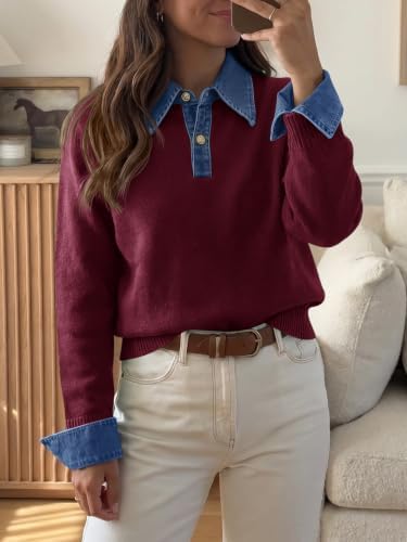 Saodimallsu Womens Denim Patchwork Sweaters V Neck Polo Pullover Tops
