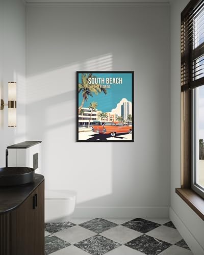 South Beach Florida Black Framed Wall Art Print Poster, US Vintage Retro Beach Scenery Posters Prints for Restroom Home Picture Painting Artwork Gallery 219 (South Beach Florida, 24"L x 18"W, Black Frame)