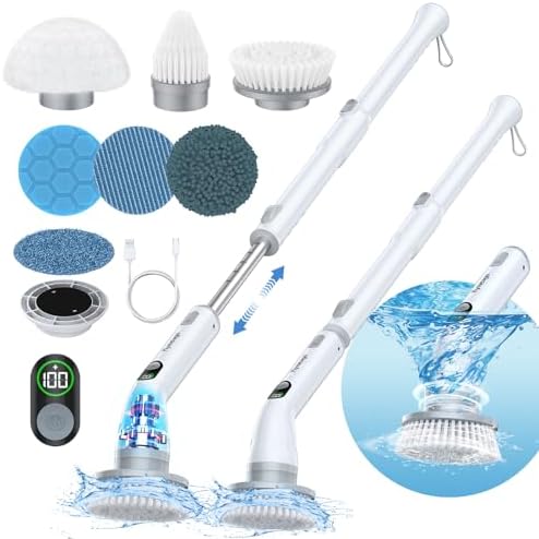Electric Spin Scrubber, Cordless Shower Scrubber with LED Display & 6 Replacement Cleaning Head, Dual Speed Power Scrubber with Adjustable Extension Handle for Bathroom, Tub, Tile