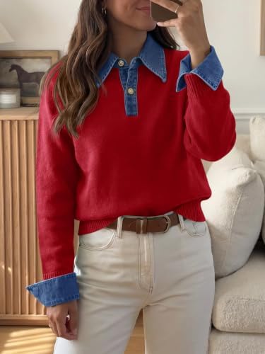 Saodimallsu Womens Denim Patchwork Sweaters V Neck Polo Pullover Tops