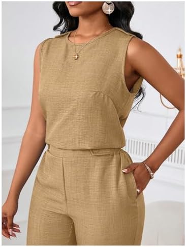Floerns Women's 2 Piece Sets Dressy Outfits Bussiness casual Crew Neck Sleeveless Blouse and Elegant Pants Set