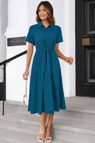 Newshows Women's Work Business Casual Outfits Tie Waist Midi Shirt Dress