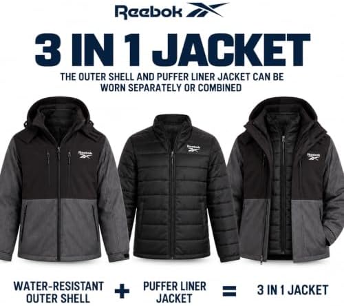 Reebok Mens 3-in-1 Softshell Systems Weather Resistant Midweight Jacket