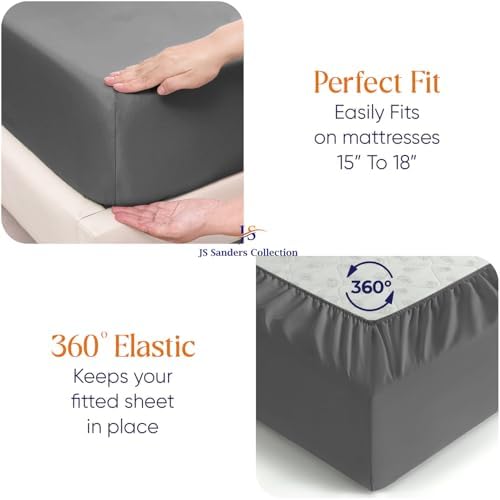 JS Sanders Collection 600TC Flex Top Queen Sheets for Sleep Number Bed - 100% Cotton 4 Pcs Top Split Queen Sheets for Adjustable Bed Queen 36 Inch Down Dark Grey -18 Inch Deep