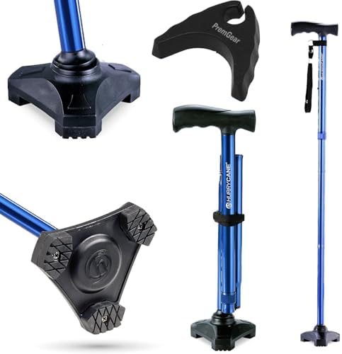 HurryCane Freedom Edition Foldable with T Handle Walking Cane for Men & Woman (Blue) Bundle with PremGear Cane Holder, Compatible with HurryCane