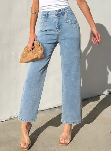 Sidefeel Women's Straight Leg Jeans High Waisted Stretchy Jeans Zimbaplatinum Wide Leg Ankle Denim Pants with Pockets