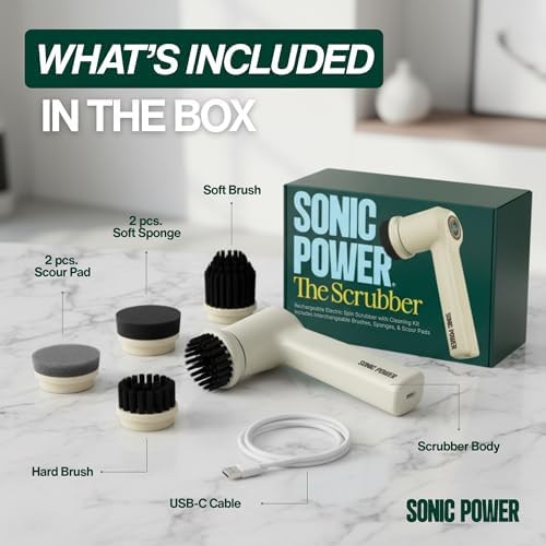 SonicPower Electric Spin Scrubber – Handheld & Ergonomic, IPX7 Waterproof, 4 Multi-Purpose Brush Heads, Long-Lasting Rechargeable Battery – Cleans Dishes, Bathroom, Tile, Grout & Kitchen (Beige)