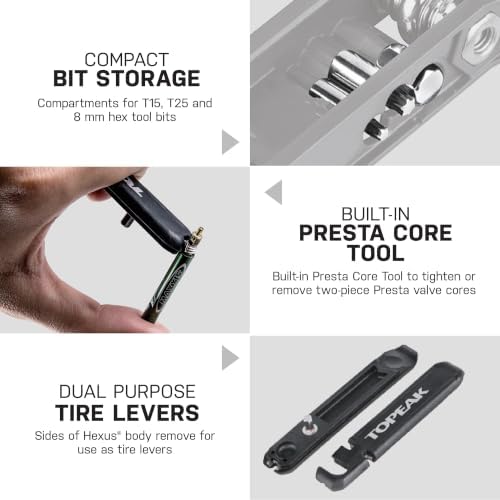 Topeak Hexus X Multi-Tool, 21-Function Bike Repair with Chain Tool, Tire Levers and Presta Core, Compact Chrome Vanadium Design for Road and Mountain Bikes