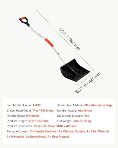 VEVOR Snow Shovel for Driveway 17" Wide Plastic Shovel with D-Grip Handle
