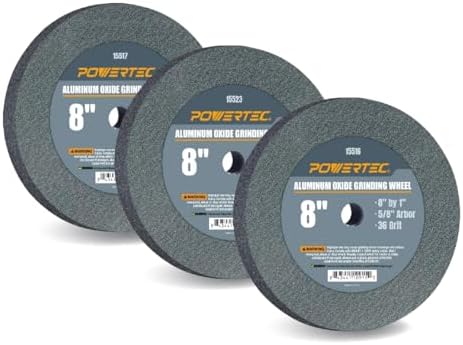 POWERTEC Bench Grinder Wheel 8 Inch White 36/60/150 Grit, Aluminum Oxide Grinding Wheel for Bench and Pedestal Grinder, 1" Thick 5/8" Arbor, Sharpening & Shaping Drill Bits, Blade, Chisel, 3PK (15538)