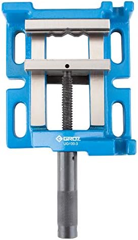 Groz Unigrip 4" 3-Way Drill Press Vise, 100mm Jaw, 3-1/2" Opening, Cast Iron with Precision-Ground Base, Side and End Faces, 4-Prism Fixed Jaw for Round Stock (35125)