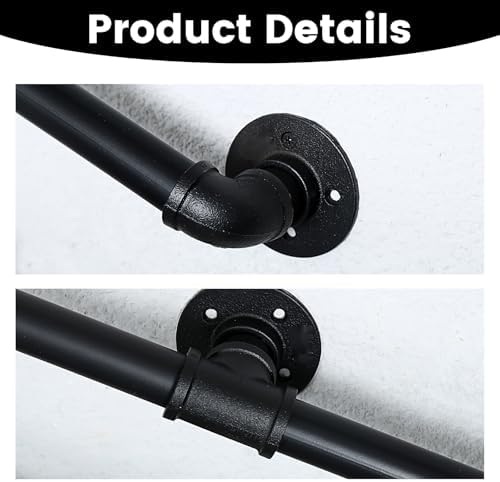 9FT Metal Staircase Hand Rail, Wall-Mounted Industrial Pipe Stair Handrail | Black Galvanized Iron Handrails for Garage, Porch, Toilet, Yard and Garden, Vintage Railing for Outdoor Indoor Stairs