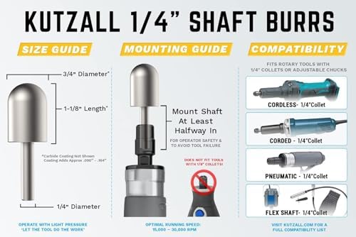 Kutzall 3-Piece Rotary Burr Kit - 1⁄4" Shaft, Coarse - Wood Carving Bits for Bosch, DeWalt, Milwaukee Tools - Structured Tungsten Carbide