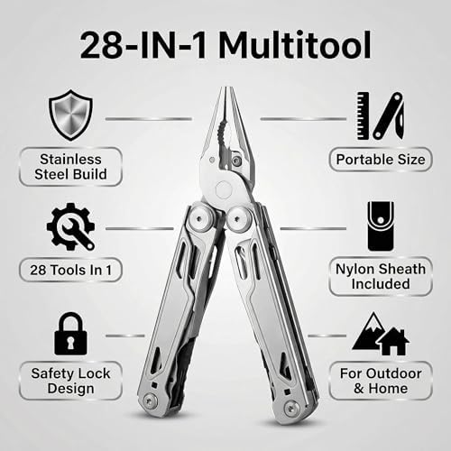Multitool, 28-in-1 Stainless Steel Multi-Tool with Pocket Knife, Self-locking Pliers, Bottle Opener Professional Multi Tool for Outdoor, Survival, Camping, Hiking, Hunting - Silver