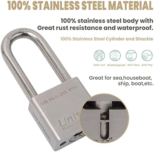 Unity Marine Padlock Keyed Alike 100% Stainless Steel Weatherproof for Sea, Boat, Port, Gate, Anti-Pick (2, 40mm Long Shackle)