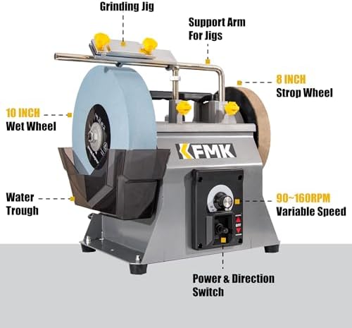 10 Inch Variable Speed Wet Sharpening System, 90-160RPM Wet Bench Grinder, Two Direction Water Cooled Wet/Dry Sharpening System for knife, Chisel, Scissor, Woodworking Tools