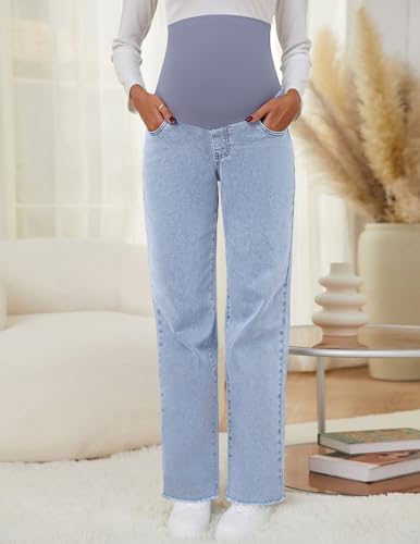 fitglam Women's Maternity Jeans Straight Leg Relaxed Fit Over Belly Pregnancy Denim Work Pants Maternity Clothes with Pockets