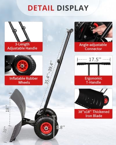 Outvita Snow Shovel with Wheels, 36" Wide 18" Long, Black