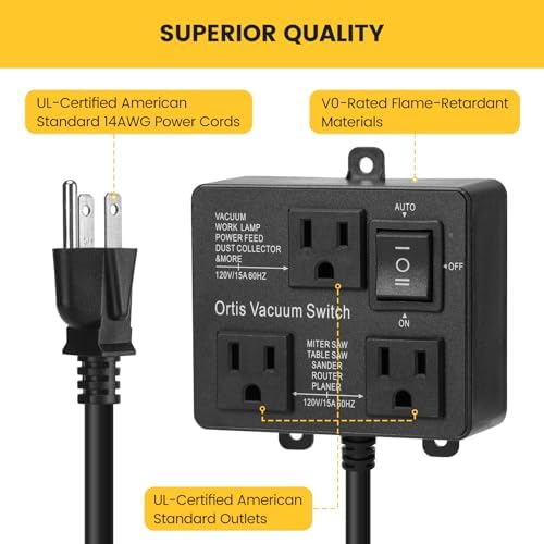 Automatic Vacuum Switch, Ortis Vacuum Switch for More Power Tools, Delay Vacuum On/Off to Prevent Circuit Overload and Tripping, Keep Your Workplace Cleaner, Better for Your Lung, Black