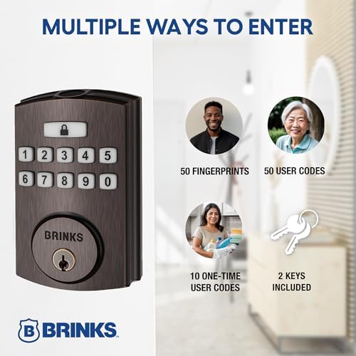 Brinks Fingerprint Door Lock with Lever – Keyless Entry Biometric Lock, Electronic Keypad Fingerprint Deadbolt with Auto-Locking, Front Door Lock and Interior Lever Set, Tuscan Bronze
