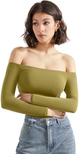SUUKSESS Women Off Shoulder Long Sleeve Bodysuits Double Lined Basic Tops