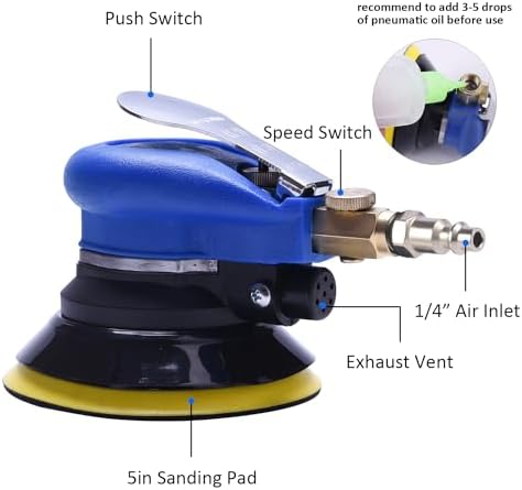 Air Random Obrital Sander 5" Dual Action Palm Sander, Hook and Loop Air Powered and Swirl Free. (5" da sander)