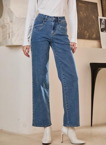 Sidefeel Women's Straight Leg Jeans High Waisted Stretchy Jeans Zimbaplatinum Wide Leg Ankle Denim Pants with Pockets