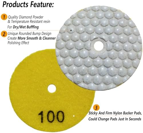 3 Inch Dry Diamond Polishing Pads, 11PCS Wet/Dry Granite Buffing Pad Kit for Marble Concrete Quartz Stone Tiles - High Temperature Resistance Sand Pad for Drill Grinder Polisher
