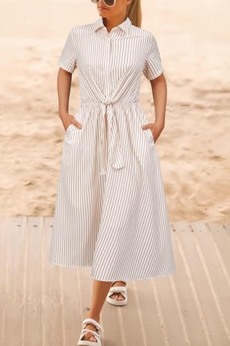 Newshows Women's Work Business Casual Outfits Tie Waist Midi Shirt Dress