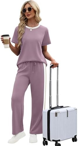 WIHOLL 2 Piece Lounge Sets for Women Matching Set Summer Outfits Short Sleeve Tops Wide Leg Pants with Pockets