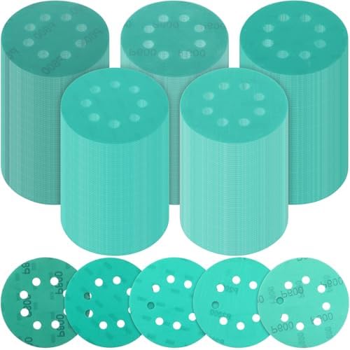 500 Pcs 5 Inch 8 Hole Sanding Discs, 600/800/1000/1500/2000, Green