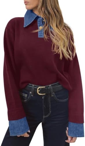 Saodimallsu Womens Denim Patchwork Sweaters V Neck Polo Pullover Tops