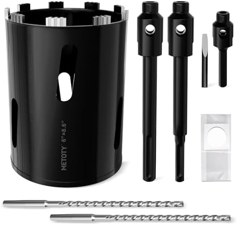 Diamond Core Drill Bit 6"(152mm) with Pilot Bit & Adapters (SDS Plus & Hex) – Upgraded Welded Segments, 8.6" Depth – for Concrete, Solid Brick, Hollow Brick, Masonry & More