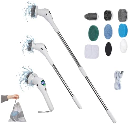 Taoke Electric Scrubber Brushes, 8 Replaceable Cleaning Heads & Adjustable Handle, 3 Speeds, with Night Light and LED Display, Bathroom Grout Floor Wall Sink Scrubber